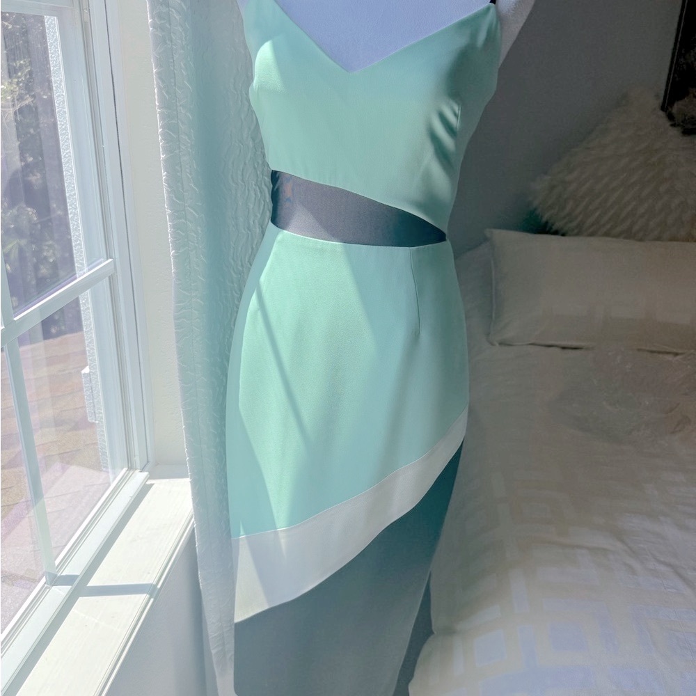 Classy ABS  Aqua and Black Sheath Dress with Sheer Black Waist